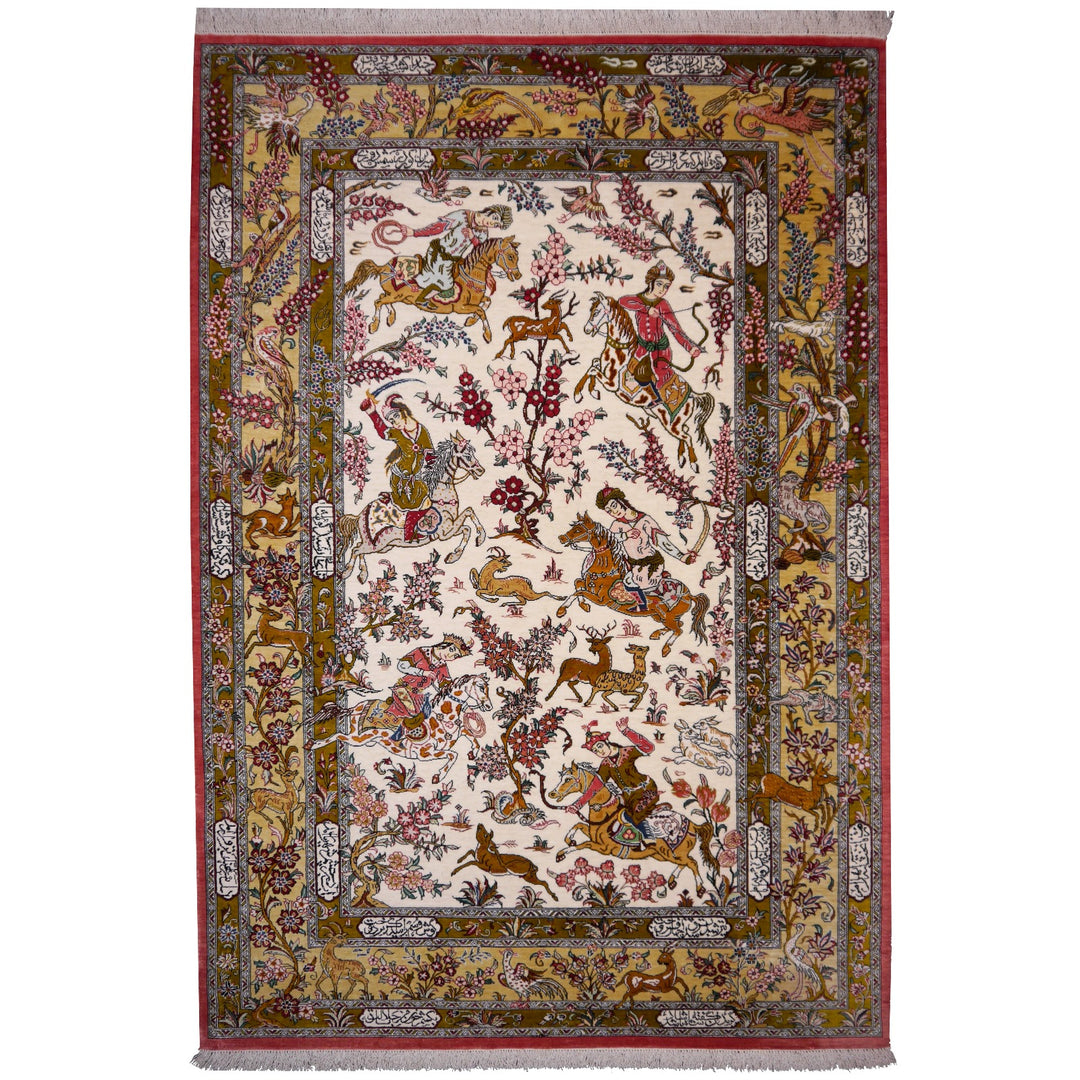Qum Ghom Silk Hunting Rug hand-knotted