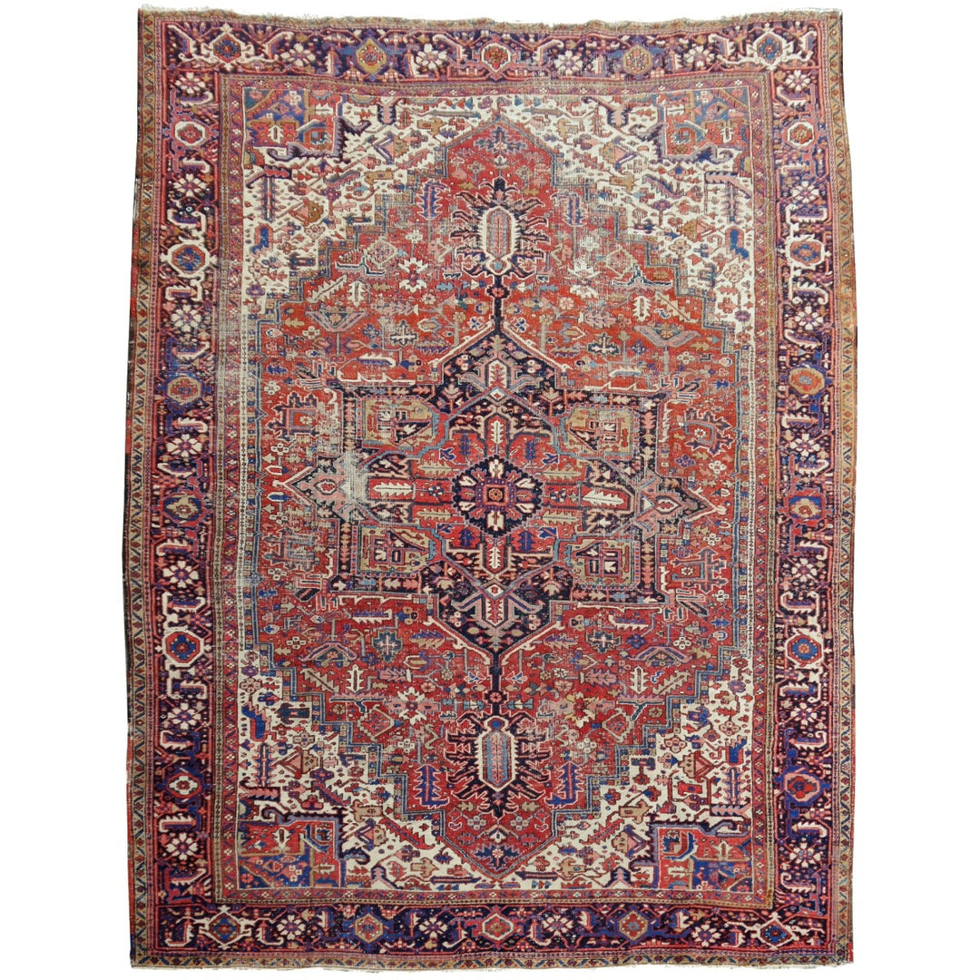Antique Heriz rug hand knotted wool 13 x 10 ft | 400 x 300 cm Persian antique rug, distressed, muted, worn to perfection. Perfect for living room, dining room, bedroom, entry or office.