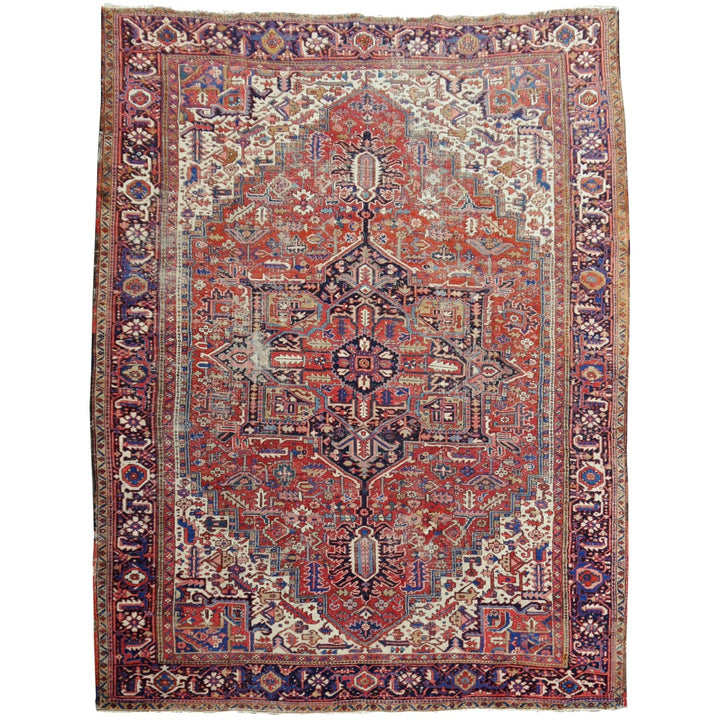Antique Heriz rug hand knotted wool 13 x 10 ft | 400 x 300 cm Persian antique rug, distressed, muted, worn to perfection. Perfect for living room, dining room, bedroom, entry or office.