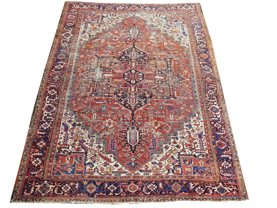 Antique Heriz rug hand knotted wool 13 x 10 ft | 400 x 300 cm Persian antique rug, distressed, muted, worn to perfection. Perfect for living room, dining room, bedroom, entry or office.