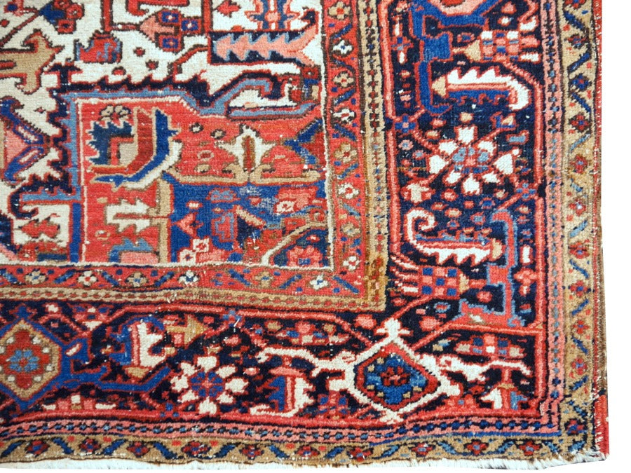 Antique Heriz rug hand knotted wool 13 x 10 ft | 400 x 300 cm Persian antique rug, distressed, muted, worn to perfection. Perfect for living room, dining room, bedroom, entry or office.