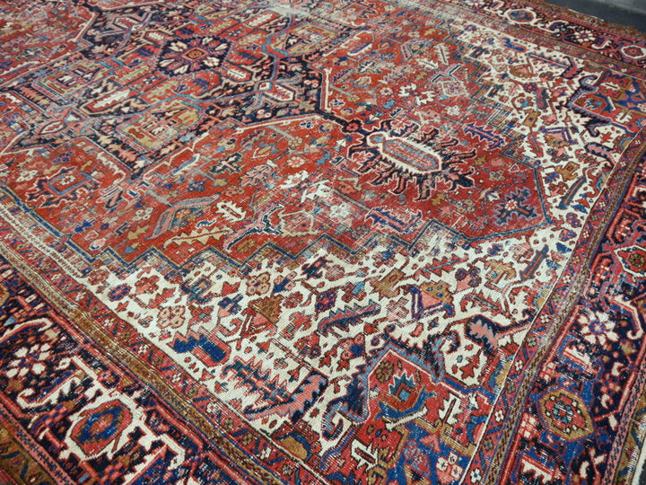 Antique Heriz rug hand knotted wool 13 x 10 ft | 400 x 300 cm Persian antique rug, distressed, muted, worn to perfection. Perfect for living room, dining room, bedroom, entry or office.