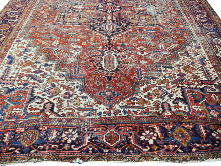 Antique Heriz rug hand knotted wool 13 x 10 ft | 400 x 300 cm Persian antique rug, distressed, muted, worn to perfection. Perfect for living room, dining room, bedroom, entry or office.