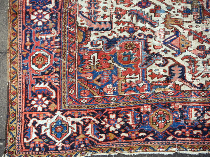 Antique Heriz rug hand knotted wool 13 x 10 ft | 400 x 300 cm Persian antique rug, distressed, muted, worn to perfection. Perfect for living room, dining room, bedroom, entry or office.