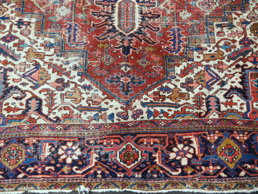 Antique Heriz rug hand knotted wool 13 x 10 ft | 400 x 300 cm Persian antique rug, distressed, muted, worn to perfection. Perfect for living room, dining room, bedroom, entry or office.