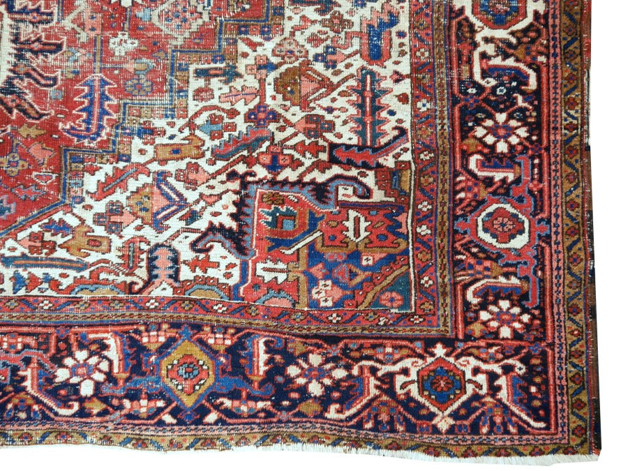 Antique Heriz rug hand knotted wool 13 x 10 ft | 400 x 300 cm Persian antique rug, distressed, muted, worn to perfection. Perfect for living room, dining room, bedroom, entry or office.