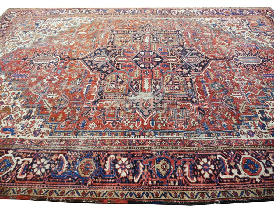 Antique Heriz rug hand knotted wool 13 x 10 ft | 400 x 300 cm Persian antique rug, distressed, muted, worn to perfection. Perfect for living room, dining room, bedroom, entry or office.