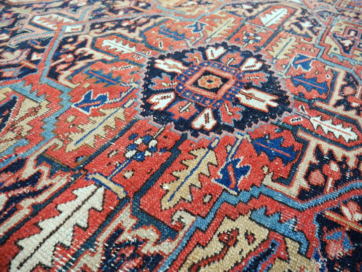 Antique Heriz rug hand knotted wool 13 x 10 ft | 400 x 300 cm Persian antique rug, distressed, muted, worn to perfection. Perfect for living room, dining room, bedroom, entry or office.
