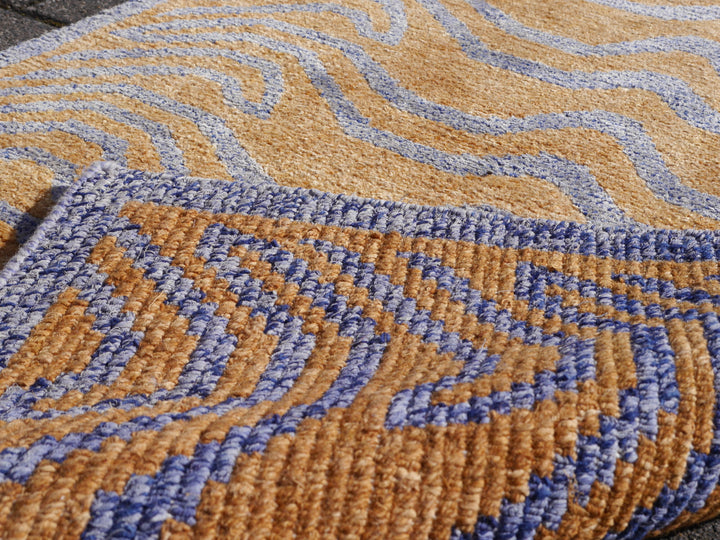 Tibet Teppich Tiger 300 x 200 cm echte Seide Blau Wolle Gold handgeknüpft