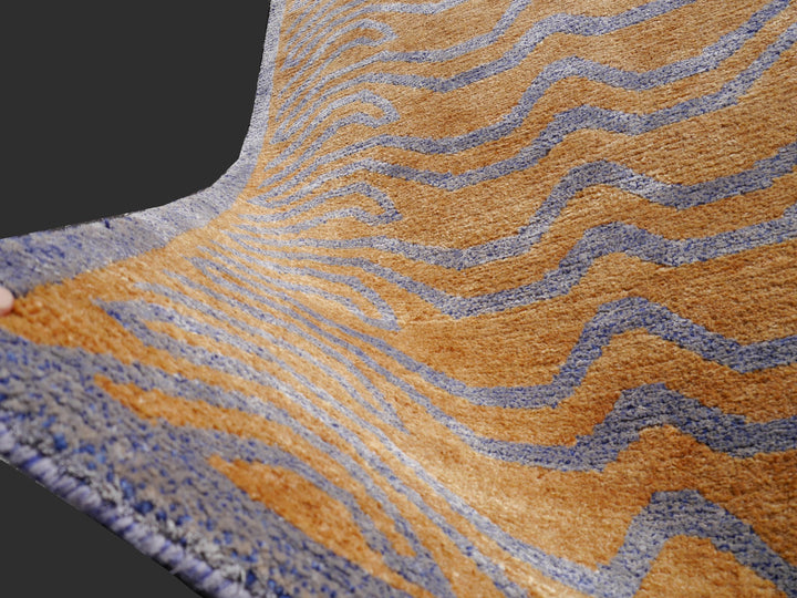 Tapis tibétain en soie de tigre 6 x 3 pi Bleu ambré 16071