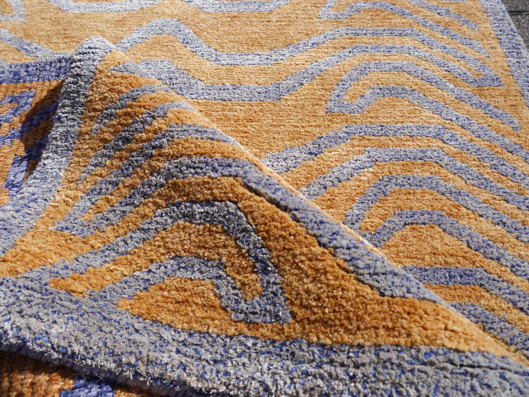 Tibet Teppich Tiger 300 x 200 cm echte Seide Blau Wolle Gold handgeknüpft