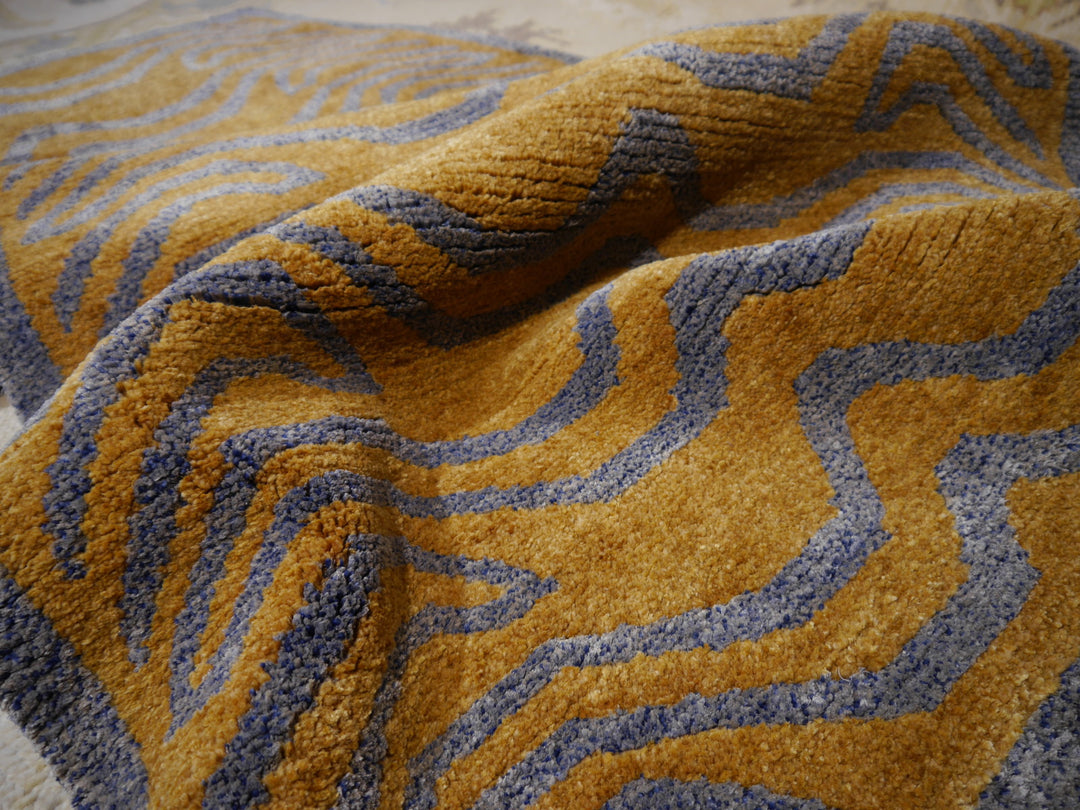 Tapis tibétain en soie de tigre 6 x 3 pi Bleu ambré 16071
