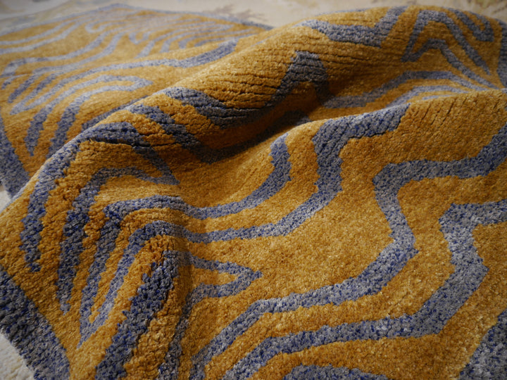 Tibet Teppich Tiger 300 x 200 cm echte Seide Blau Wolle Gold handgeknüpft