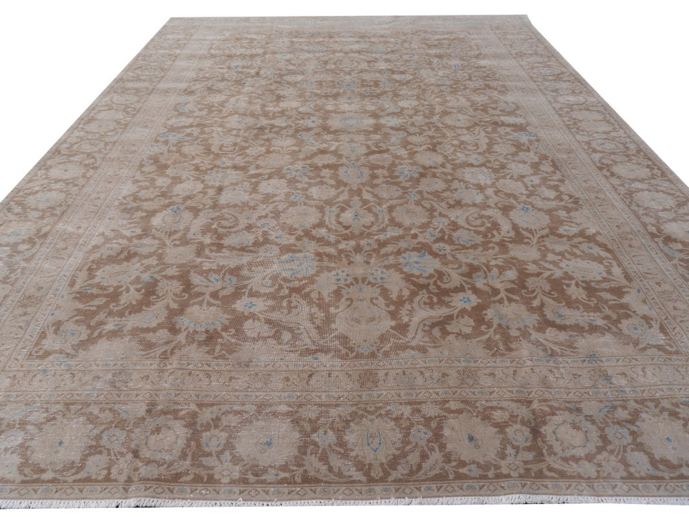 ANTIQUE VINTAGE PERSIAN RUG - MUTED BOWN & BLUE HAND KNOTTED CARPET 13.1 x 9 ft