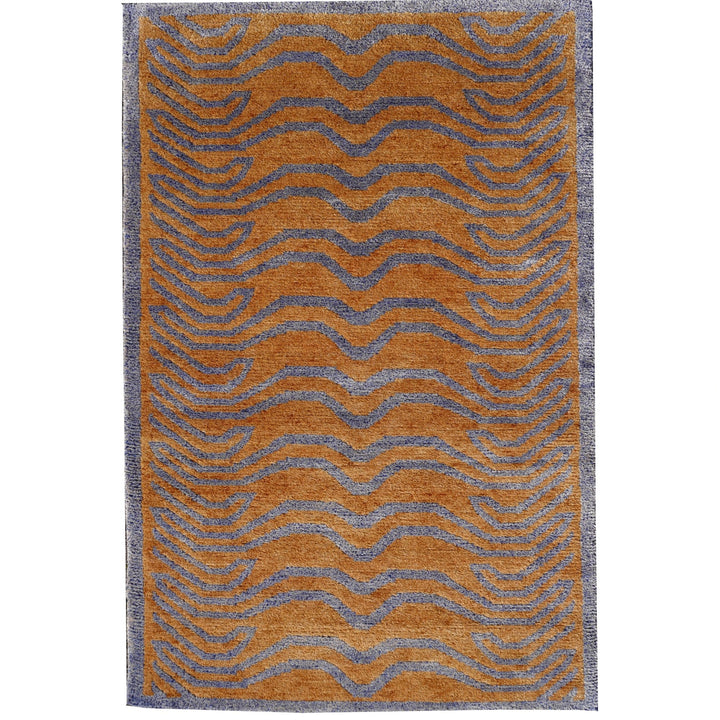 Tibet Teppich Tiger 300 x 200 cm echte Seide Blau Wolle Gold handgeknüpft
