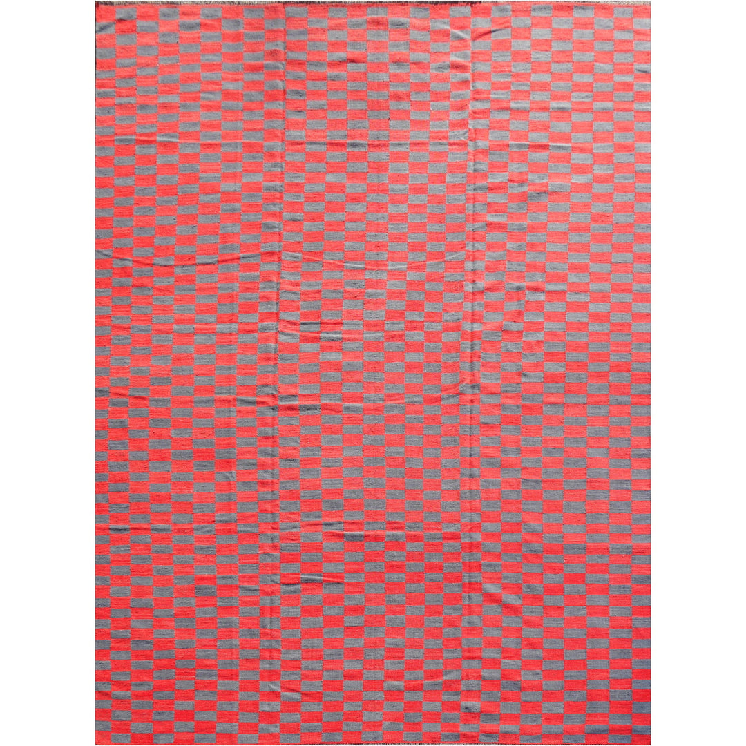 This outstanding room size Kilim rug with MAZANDARAN style has a minimalistic design and finds it´s roots in Art Deco. It goes great with reduced and modern styles, brutalist or south western interior design. 15 x 12 ft is a great size for a dining room, living room or a bedroom. For a Kilim item, it is a oversized carpet. Bring the RED CARPET to your home. 16249
