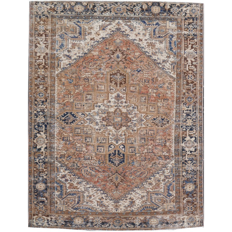 7’6 x 10’2 Muted Classic Vintage Rug Colors Bisque, Sandstone Caramel, Indigo, Ebony, Coca Mocha, Baritone Blue hand knotted