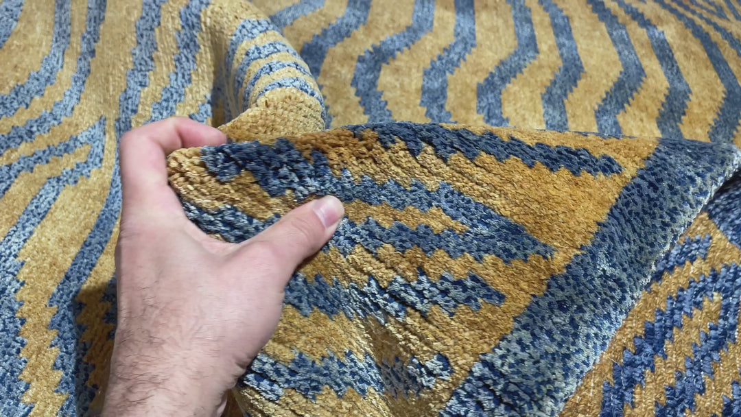 Tibet Teppich Tiger 300 x 200 cm echte Seide Blau Wolle Gold handgeknüpft