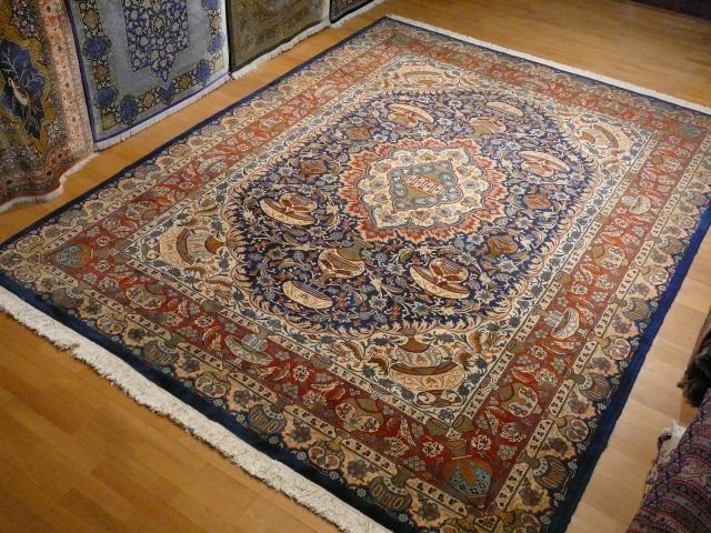 Kashmar Room Size Rug 11 x 8 ft Vintage Persian Vase Carpet Blue Beige Brown