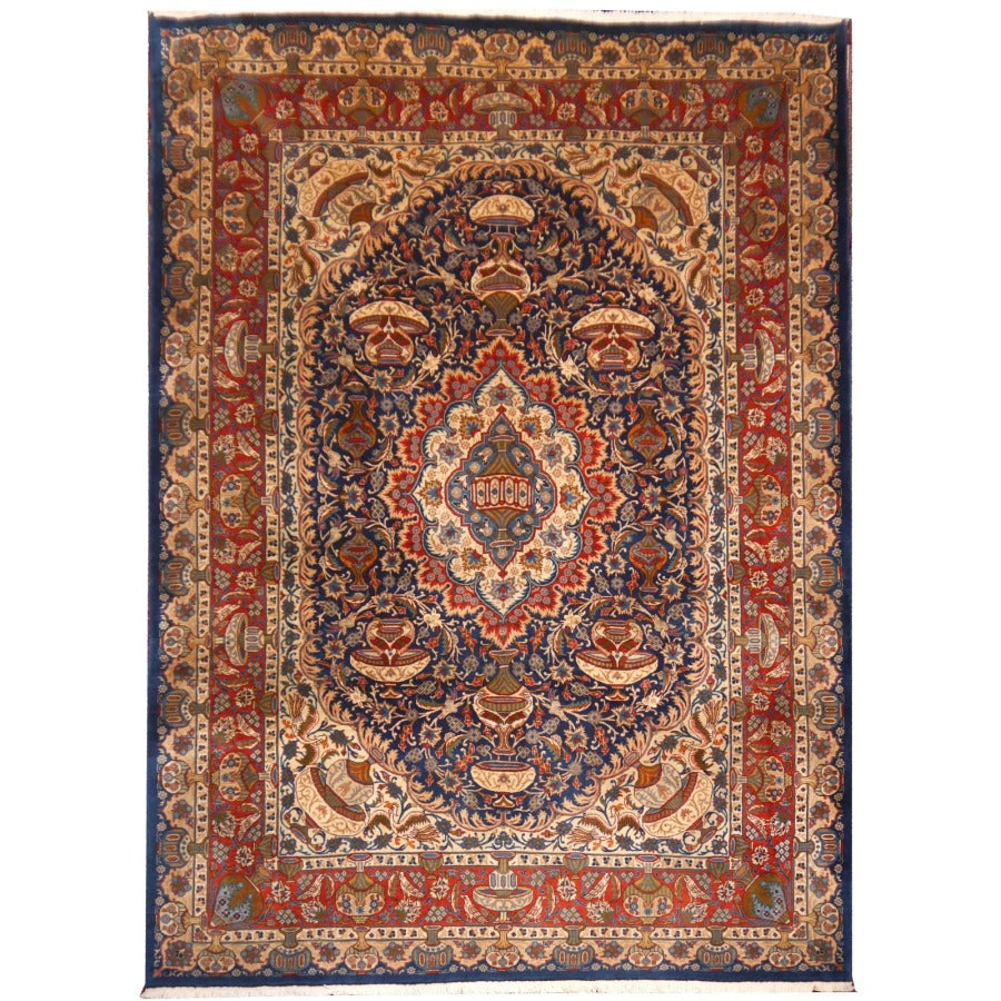 Kashmar Room Size Rug 11 x 8 ft Vintage Persian Vase Carpet Blue Beige Brown