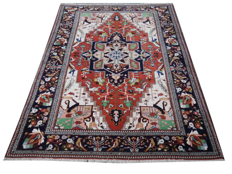 Heriz Serapi vintage rug 7 x 10 ft Brown Black Green Beige