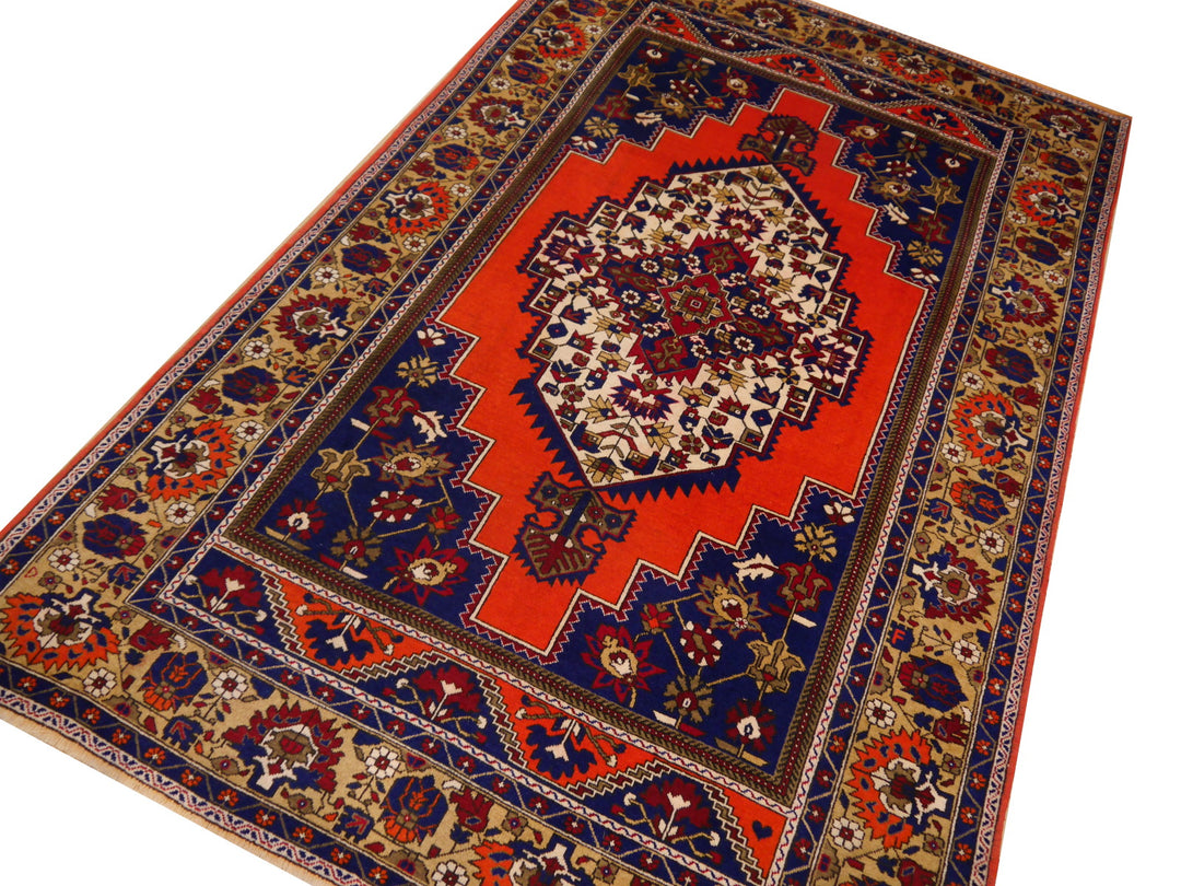 Turkish vintage rug 7 x 12 ft Orange Blue Beige
