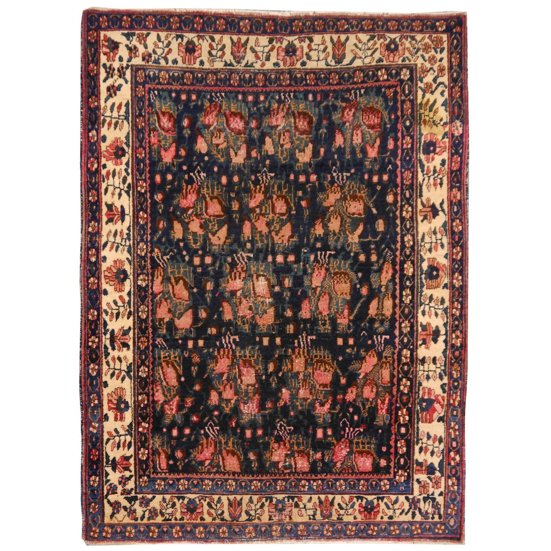 Antique Rug Worn To Perfection 6.0 x 4.6 ft Pink Roses Hand knotted low pile tribal wool rug, hand spun wool and veggie dyes