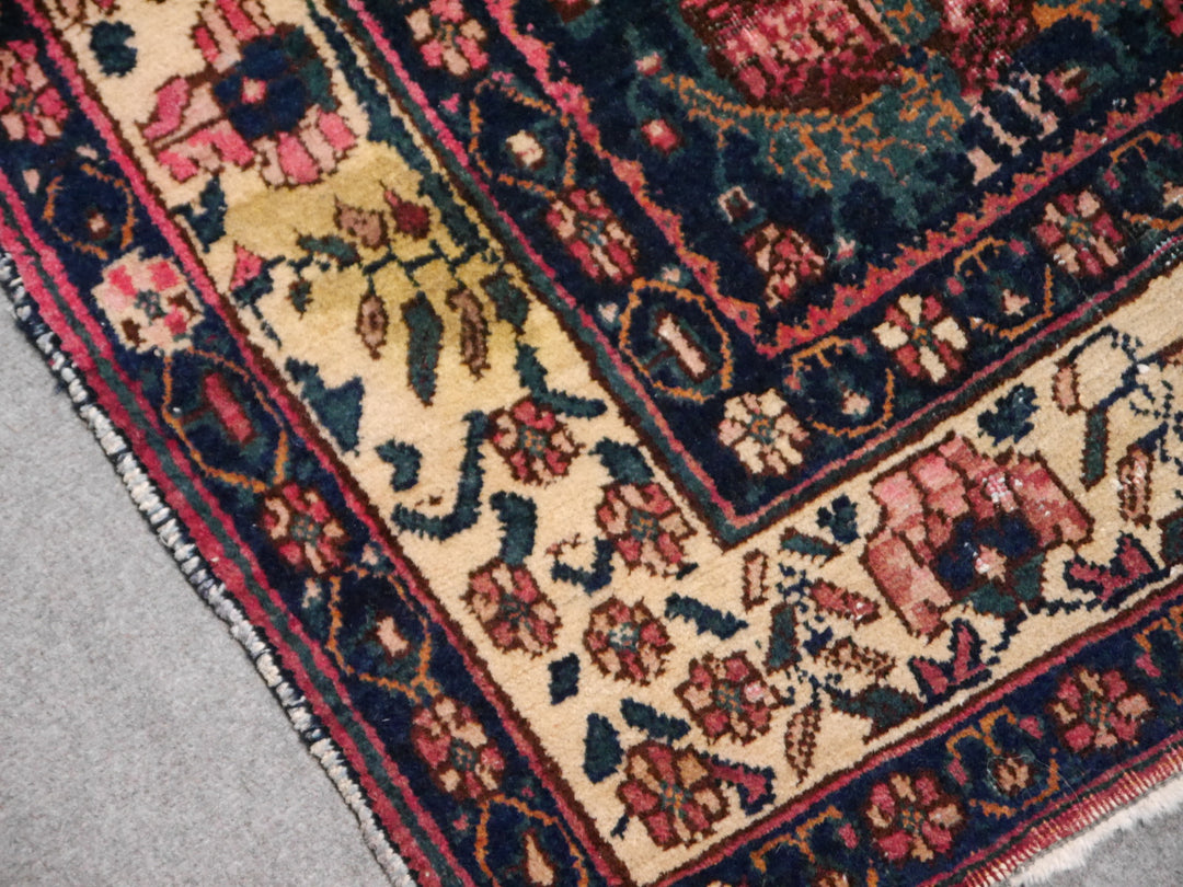 Antique Rug Worn To Perfection 6.0 x 4.6 ft Pink Roses Hand knotted low pile tribal wool rug, hand spun wool and veggie dyes
