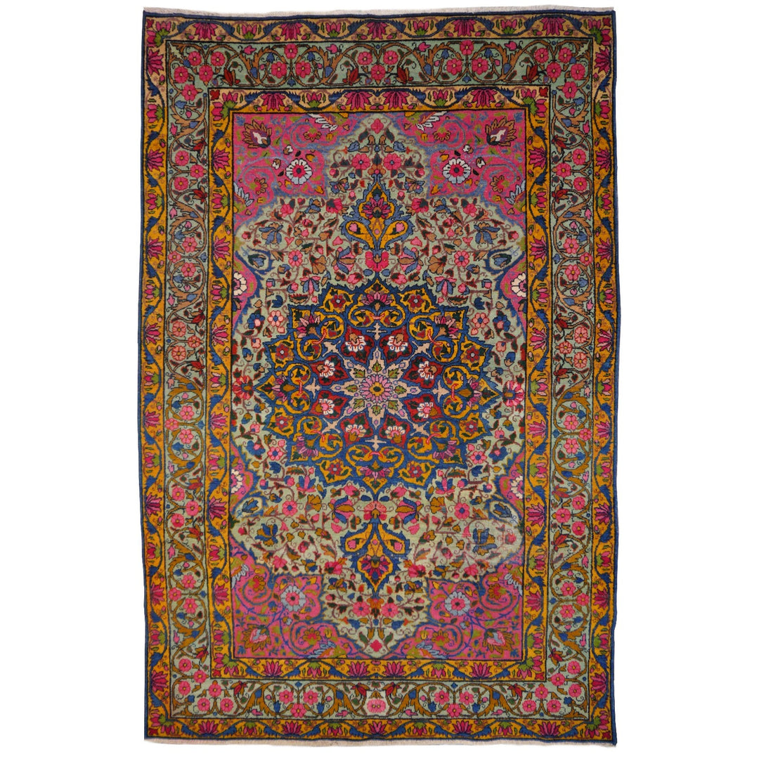 Kerman Antique Rug Worn To Perfection 6.5 x 4.3 ft Green Pink Gold Blue