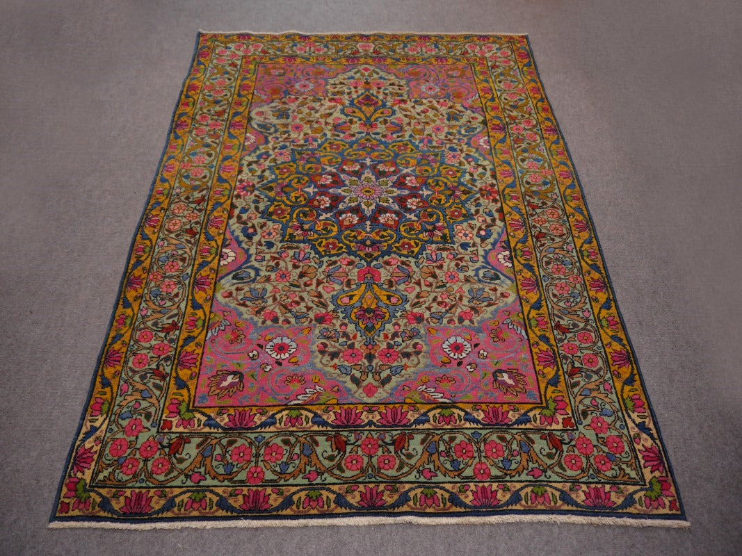 Kerman Antique Rug Worn To Perfection 6.5 x 4.3 ft Green Pink Gold Blue