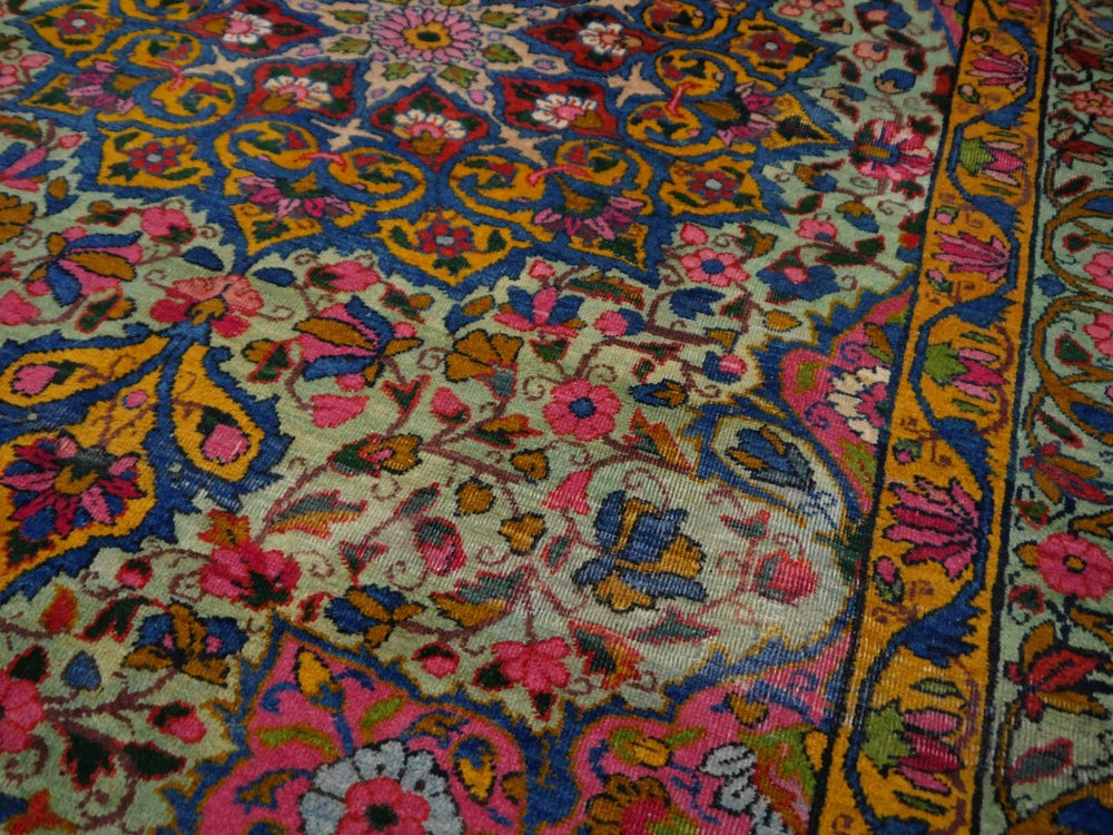 Kerman Antique Rug Worn To Perfection 6.5 x 4.3 ft Green Pink Gold Blue