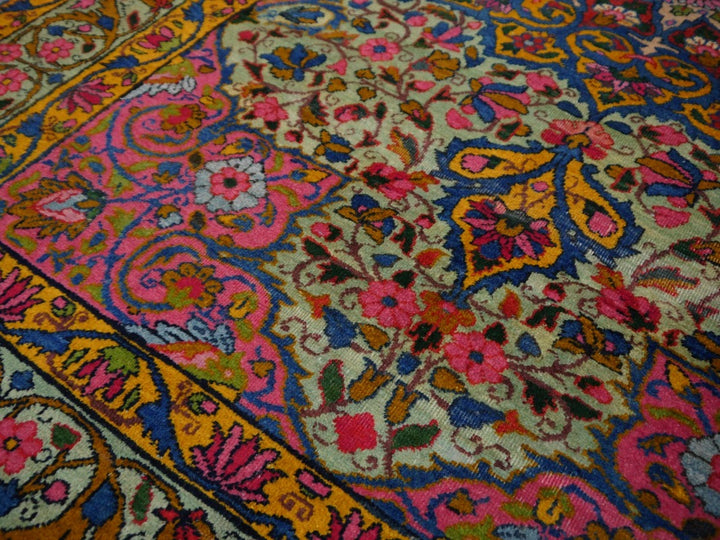 Kerman Antique Rug Worn To Perfection 6.5 x 4.3 ft Green Pink Gold Blue