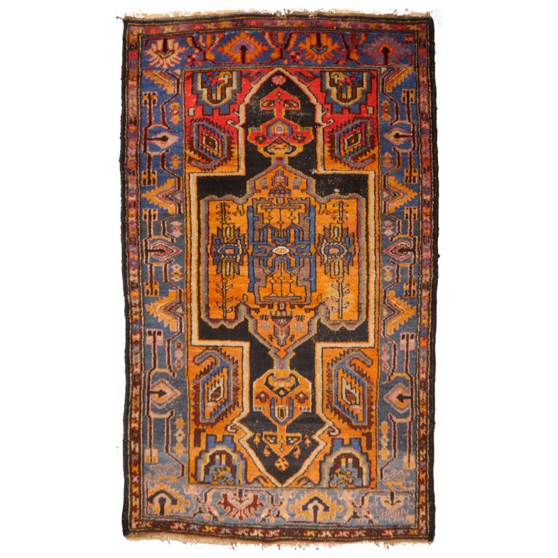 Karaja Heriz Vintage Rug 7 x 4 ft Blue Orange Lilac worn to perfection
