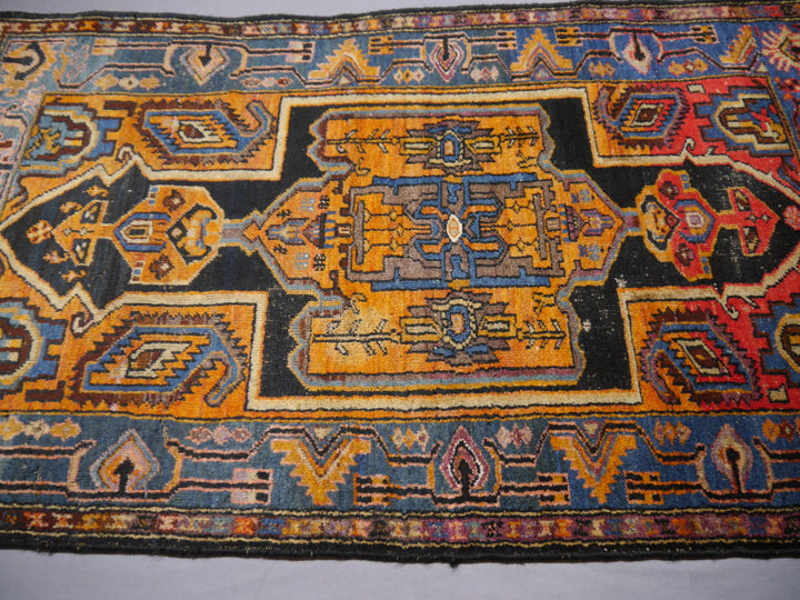 Karaja Heriz Vintage Rug 7 x 4 ft Blue Orange Lilac worn to perfection