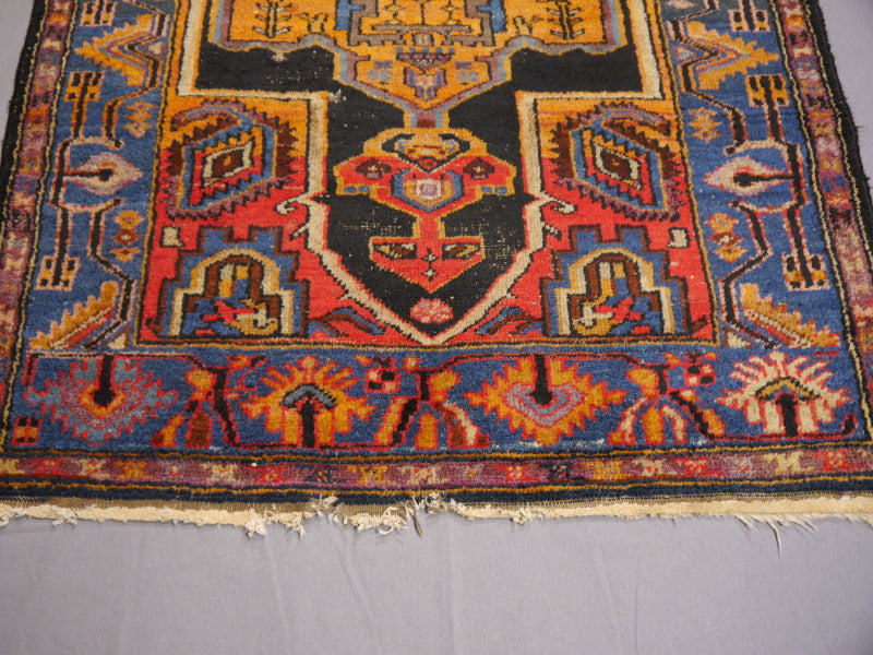 Karaja Heriz Vintage Rug 7 x 4 ft Blue Orange Lilac worn to perfection