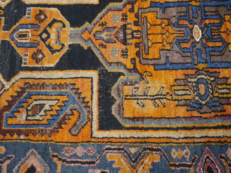 Karaja Heriz Vintage Rug 7 x 4 ft Blue Orange Lilac worn to perfection