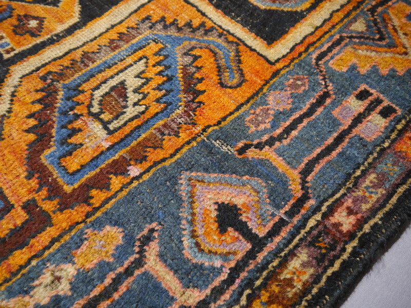 Karaja Heriz Vintage Rug 7 x 4 ft Blue Orange Lilac worn to perfection