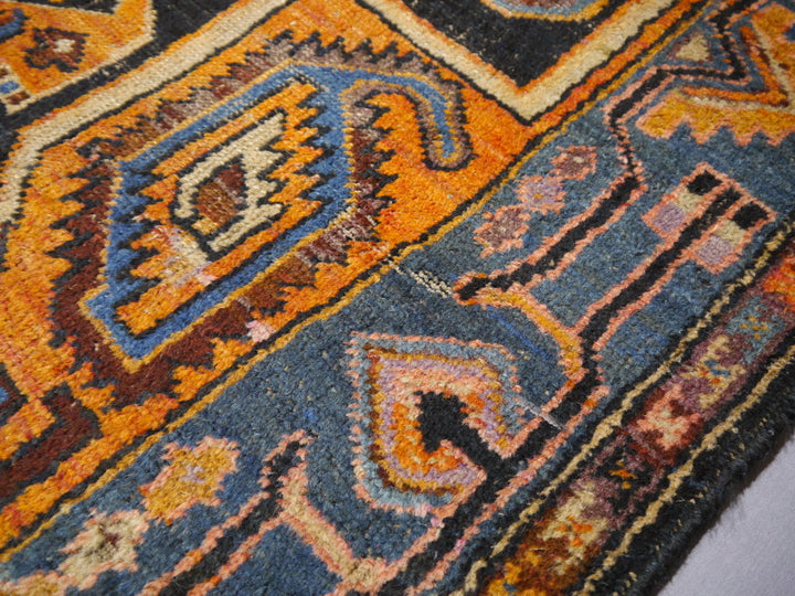Karaja Heriz Vintage Rug 7 x 4 ft Blue Orange Lilac worn to perfection
