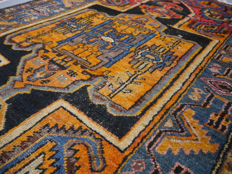 Karaja Heriz Vintage Rug 7 x 4 ft Blue Orange Lilac worn to perfection
