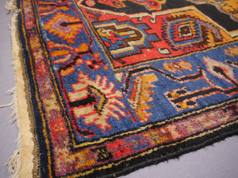 Karaja Heriz Vintage Rug 7 x 4 ft Blue Orange Lilac worn to perfection
