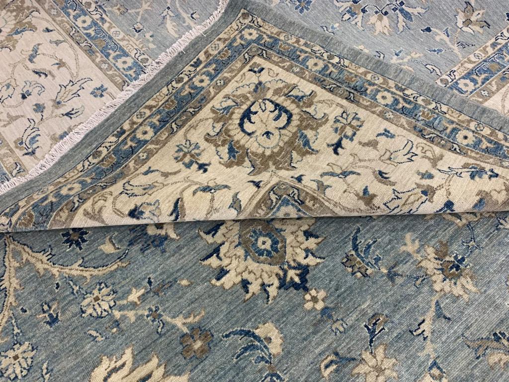 28 x 14 ft Rug Blue Grey Beige hand knotted Farahan Sultanabad Oushak