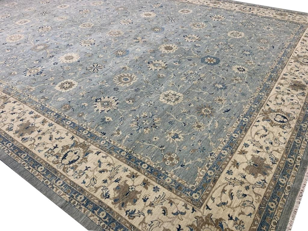 28 x 14 ft Rug Blue Grey Beige hand knotted Farahan Sultanabad Oushak