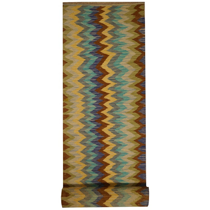Kilim rug 12.3 x 2.3 ft hand woven wool tribal carpet