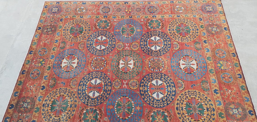 25 x 22 ft Rug Rust Blue Gold Green hand knotted Sultanabad