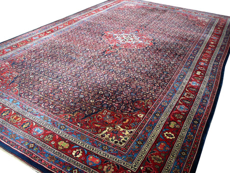 Antique Bidjar Rug 17 x 13 ft Blue Red Hand Knotted Wool