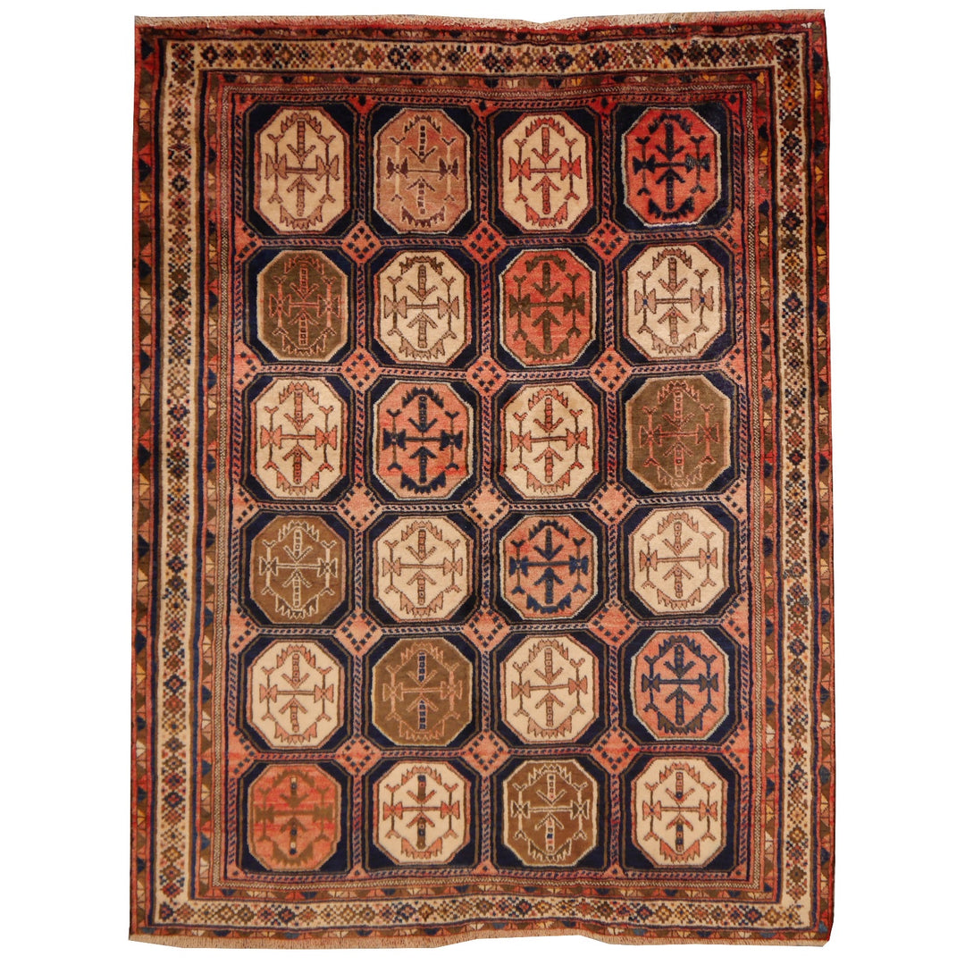 Afshari Vintage Rug 6.5 x 4.6 ft Blue Pink Beige worn to perfection