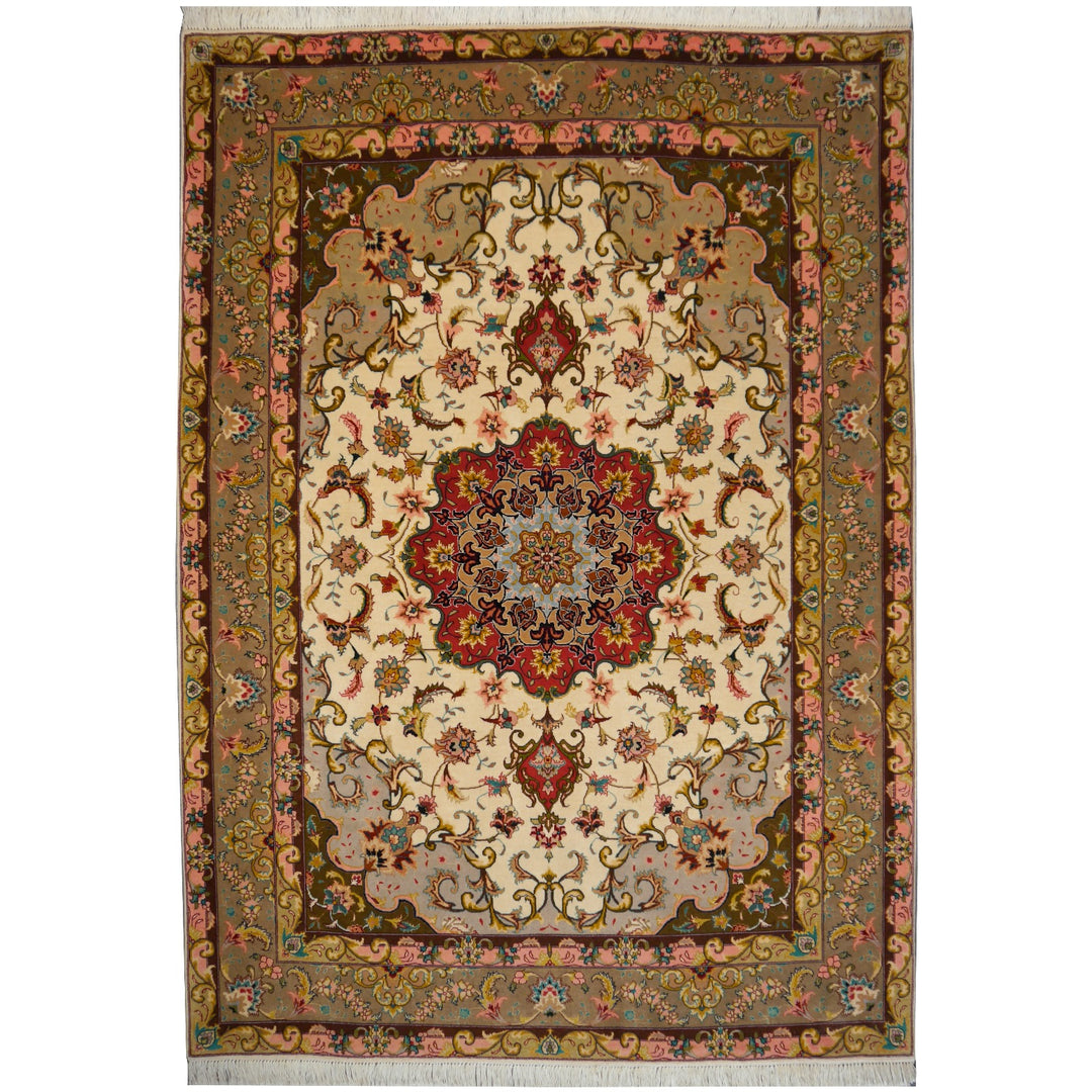 Tabriz Persian Rug Hand knotted 
Pile: Kurkwool (very fine lamb wool) and natural mulberry silk
Knot density: 50 raj / 324 kpsi / 490.000 knots per m²
Condition: New, unused
Age: 0 - 10 years
Collection: Traditional oriental rugs
Design: Medaillon
Size: Medium size accent rugs circa 7 x 5 ft 