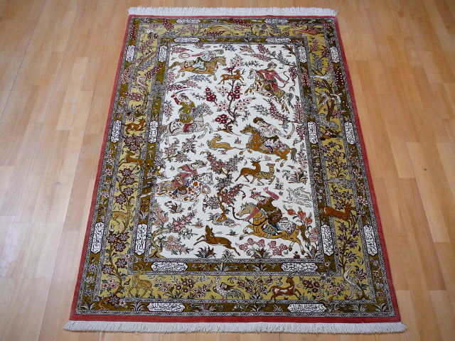 Qum Ghom Silk Hunting Rug hand-knotted