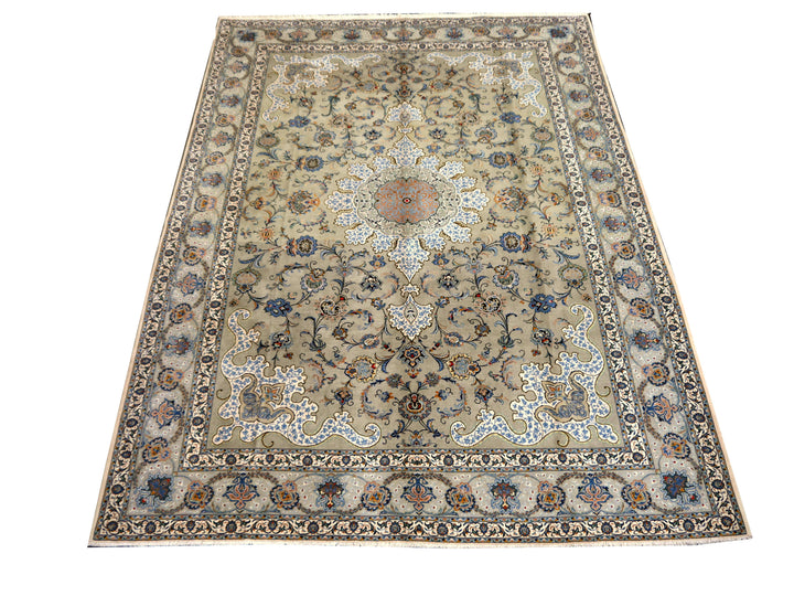 Vintage Kashan Persian rug 434 x 315 cm, sage-green ground with a floral medallion, hand-knotted wool — used in the film Spencer (2021), 12102