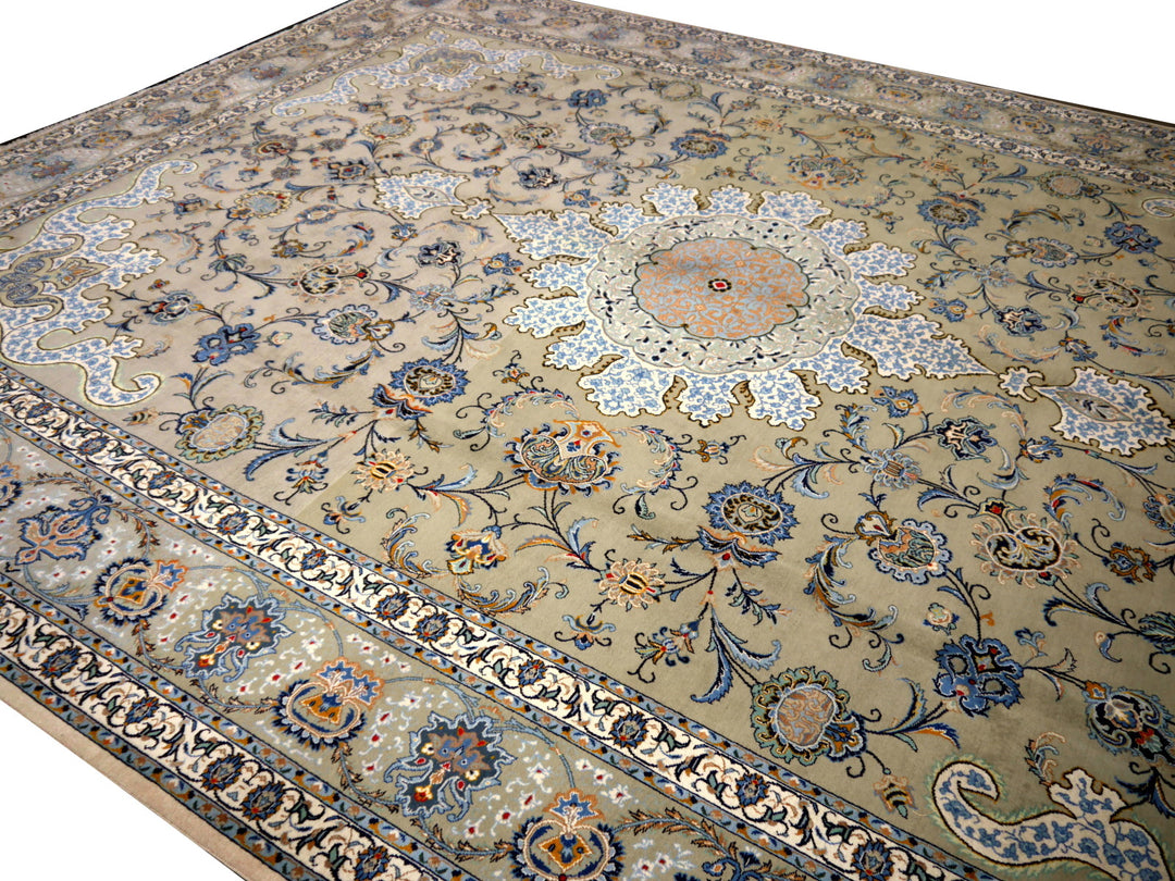 Full oblique view of the palatial Kashan rug, sage-green floral field — 12102
